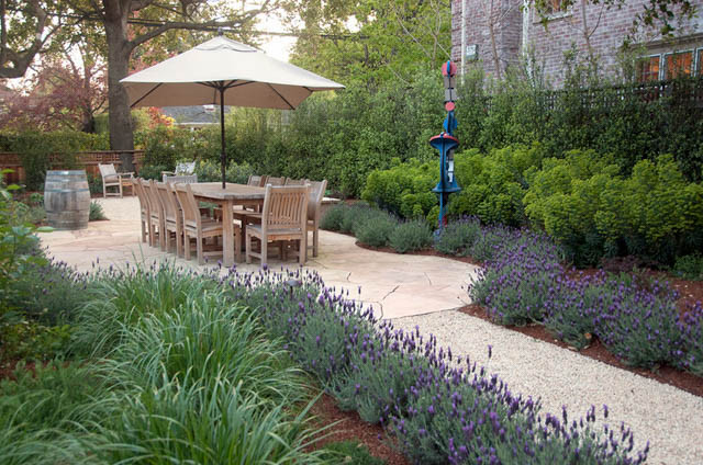 Garden Ideas, Landscaping ideas, pathway, walkway, Mediterranean Path, Verdance Fine Garden Design, Lavender,gravel path,fire pit, fire pit area, dining patio